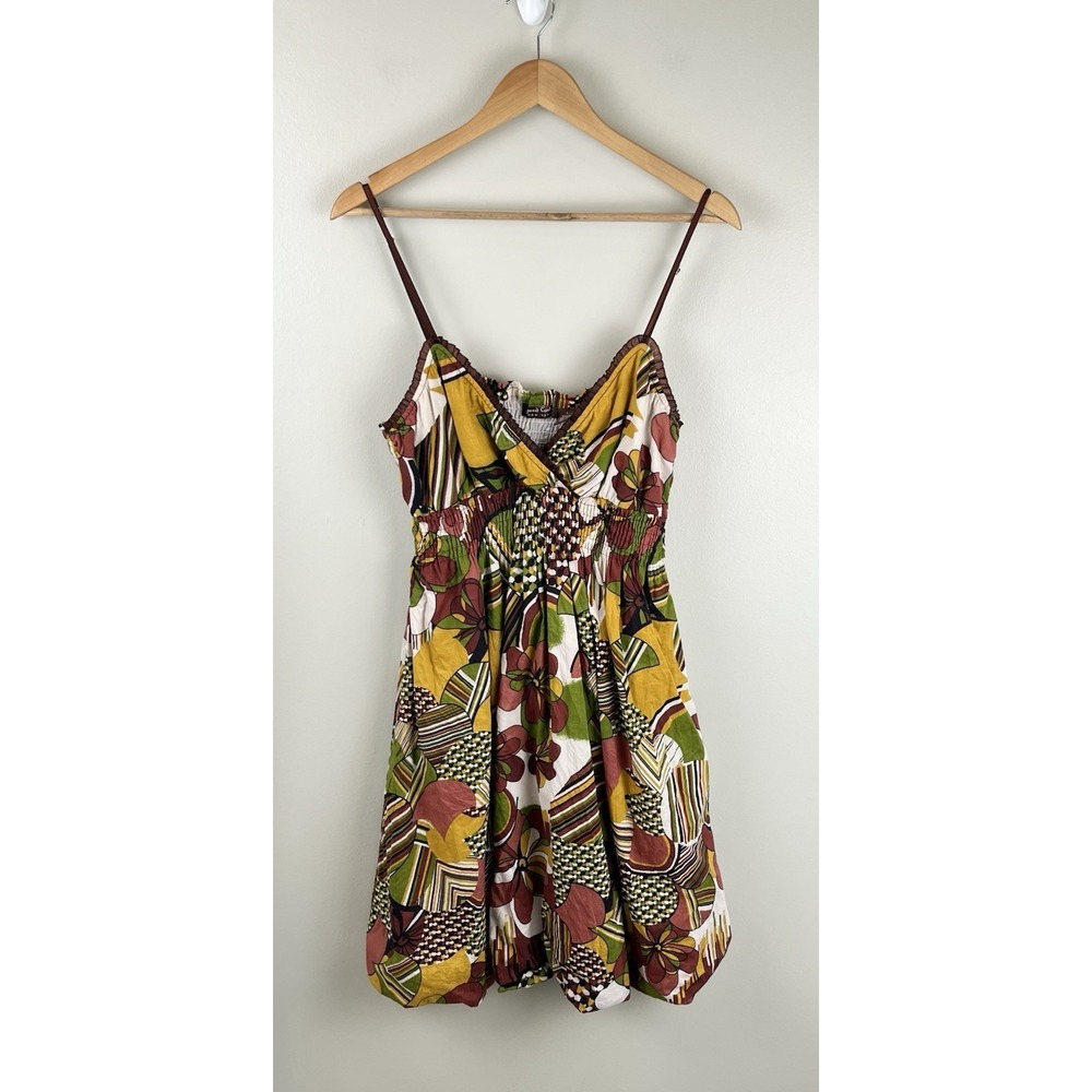 Vintage Y2K Speed Control Babydoll Dress  Smocked Tiered Boho Abstract Sz Lg